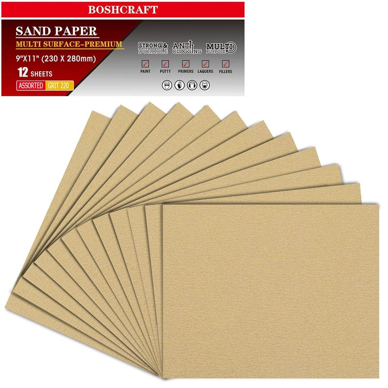 BOSHCRAFT 220 Grit Sandpaper, Sandpaper Assortment Sandpaper for Wood Metal Furniture Hand Sander Sand Paper Set Sandpaper Sheets Cut for Use 9" x 11"/12 Sheets - Image 1